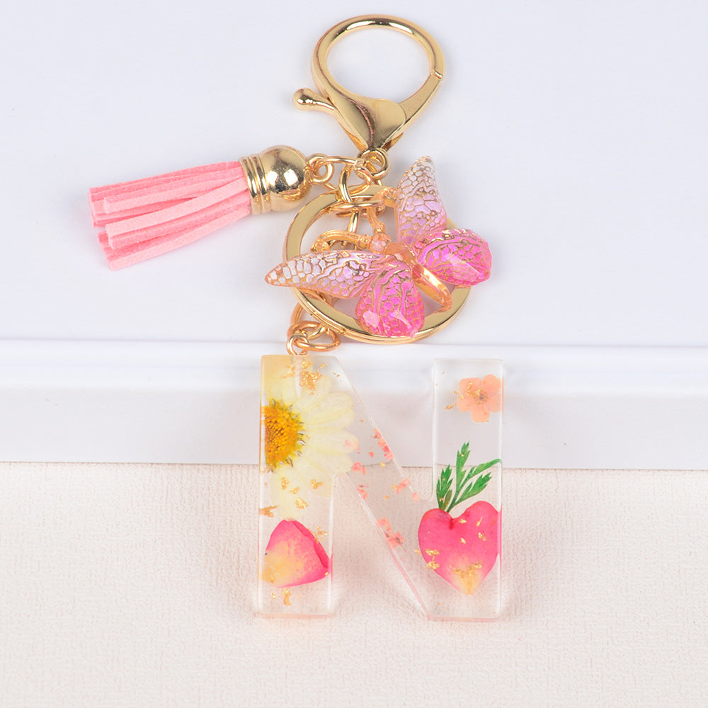 卸売ドライフラワーレター樹脂キーホルダー